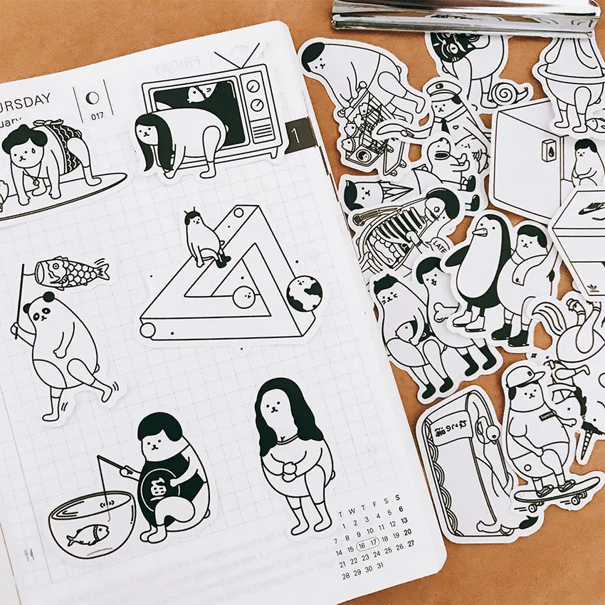 21pcsBlack and white illustration Stickers Crafts And Scrapbooking stickers book Student label Decorative sticker DIY Stationery