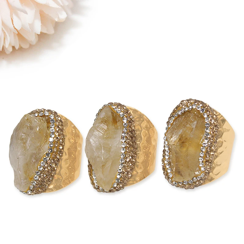 Micro Inlay Citrine Open Ring for Women Irregular Natural Raw Stone Finger Jewelry Adjustable