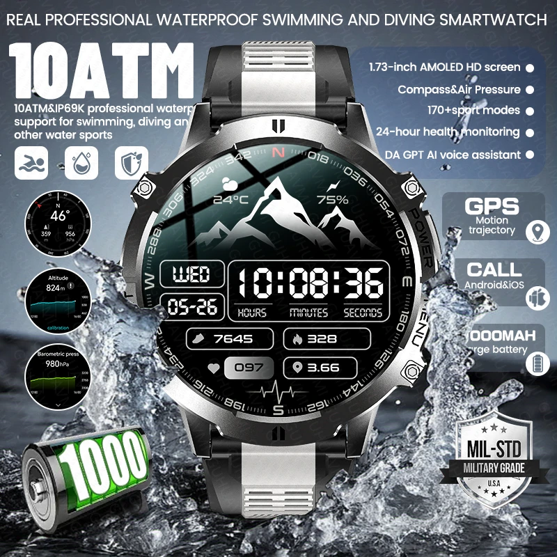

TANK 1000mAh Large Battery Adult Smart Watch Outdoor Real 10ATM Waterproof GPS Altimeter AMOLED HD Bluetooth Call Men Smartwatch