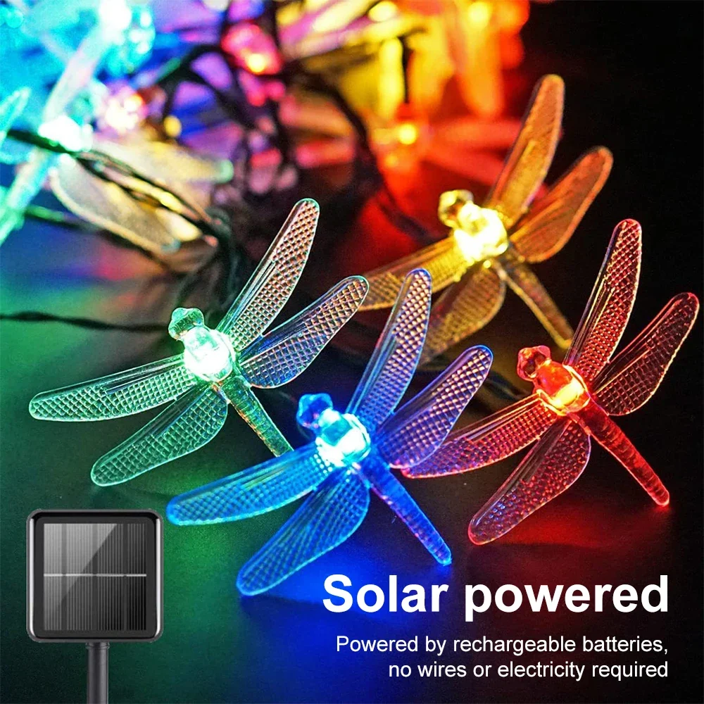 Solar Dragonfly String Lights Outdoor Fairy Lights with 8 Lighting Modes Waterproof Garland Festoon Garden Landscape  Decor Lamp