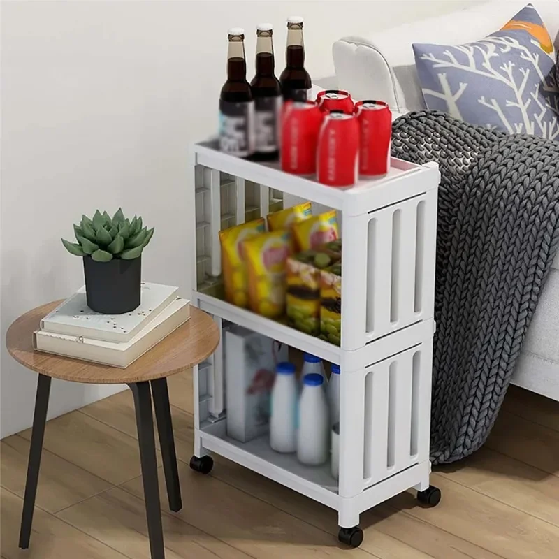 Floor Mount Gap Storage Rack with Wheels Trolley Plastic Shelf 3/4 Layer Kitchen Food Fridge Side Shelf Bathroom Floor Rack