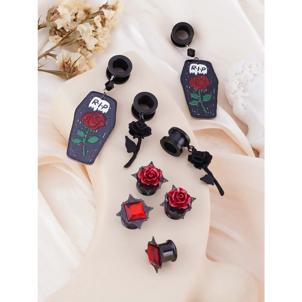 1pair Retro Ear Expansion Gothic Red Rose Earring Hollow Square Drill Ear Spreader Jewelry