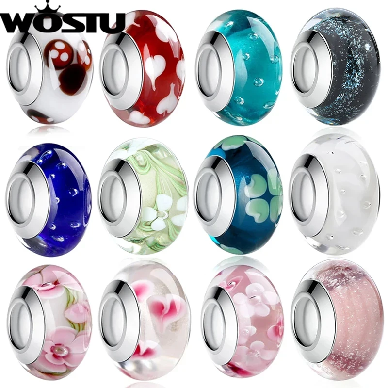 WOSTU High Quality White Murano Glass Beads Fit Original Bracelet Pendant Silver Plated Colorful Charm DIY Jewelry Making