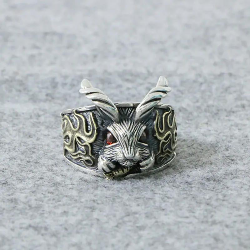 S925 Sterling Silver Jewelry Personalized Red Eyes Little Rabbit Open Ring Thai Silver Vintage Women's Forest Series Food Ring