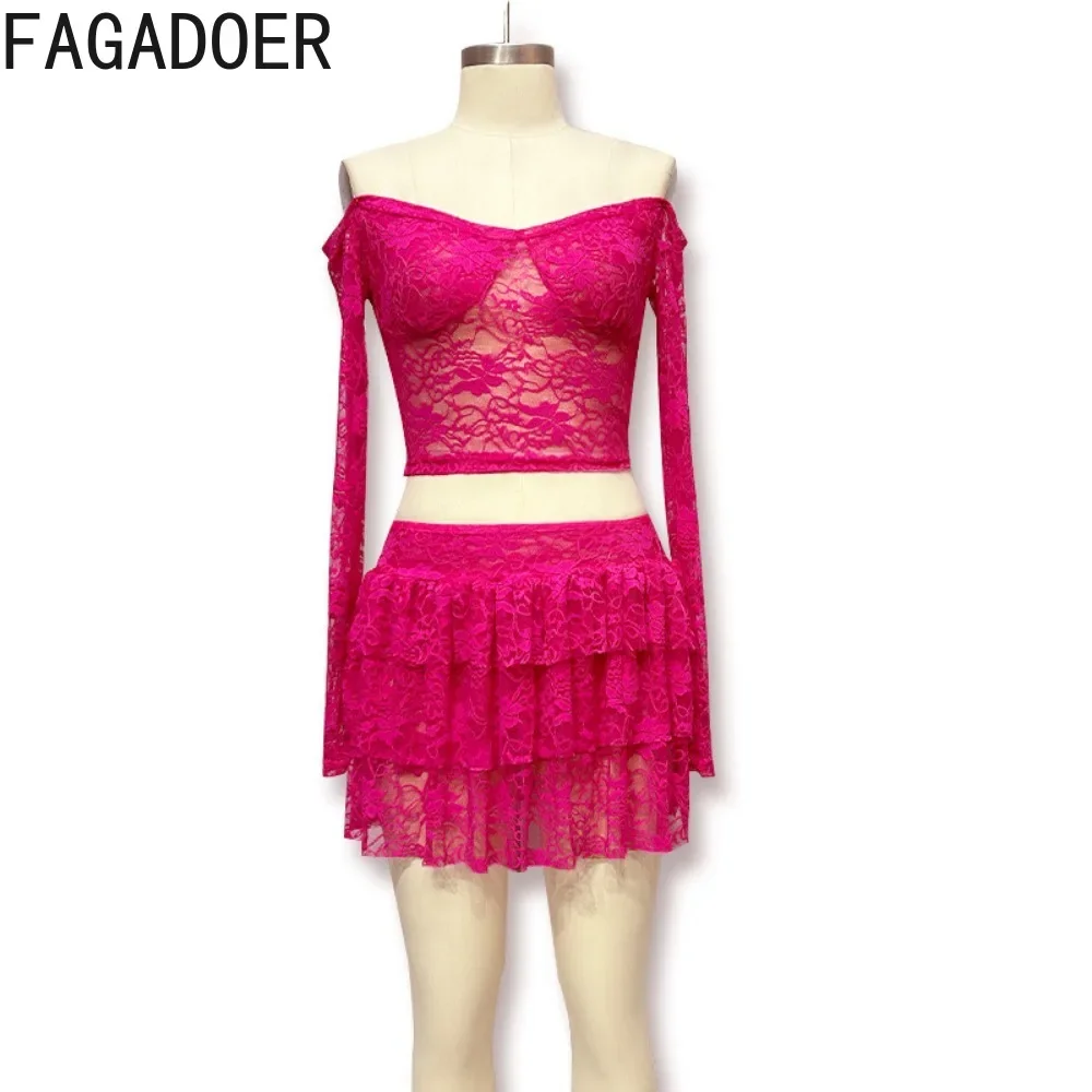 FAGADOER Women See Through Lace two Piece Set Outfit Sexy Ruffles Stitching Off Shoulder Crop Top And Mini Stacked Skirt Suits