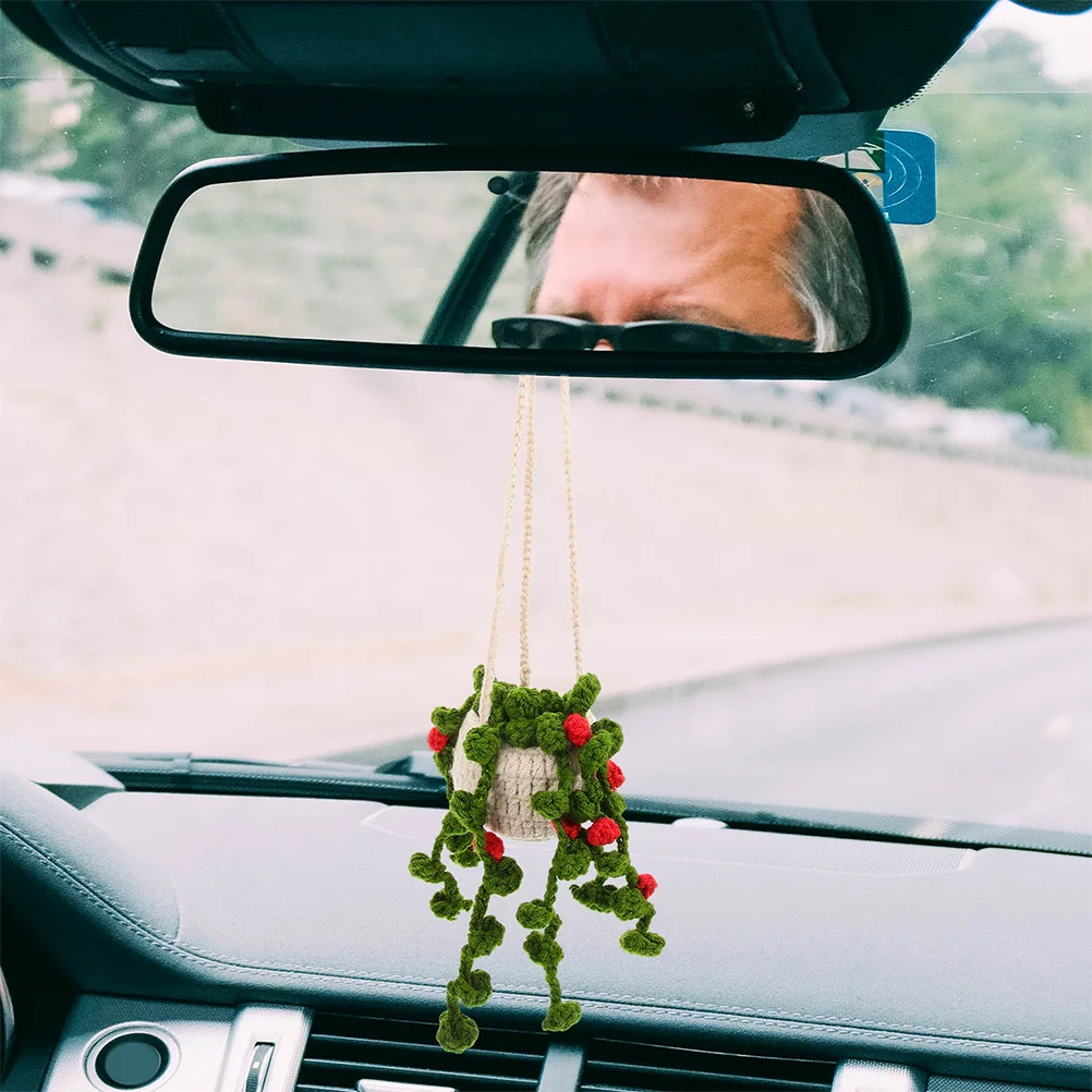

2Pcs Car Hanging Plant Ornaments Handmade Crochet Knit Rearview Mirror Boho Car Interior Decor Cute Eco Friendly Accessories