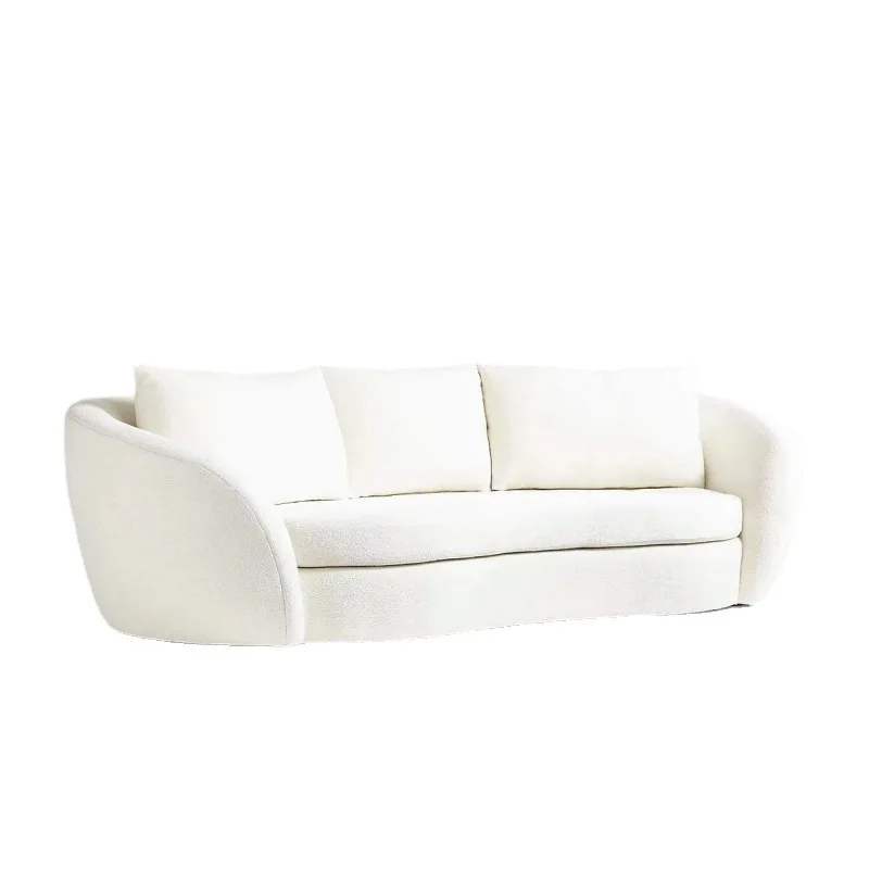 Light French design curved sofa, cream style living room white lamb wool circle sofa