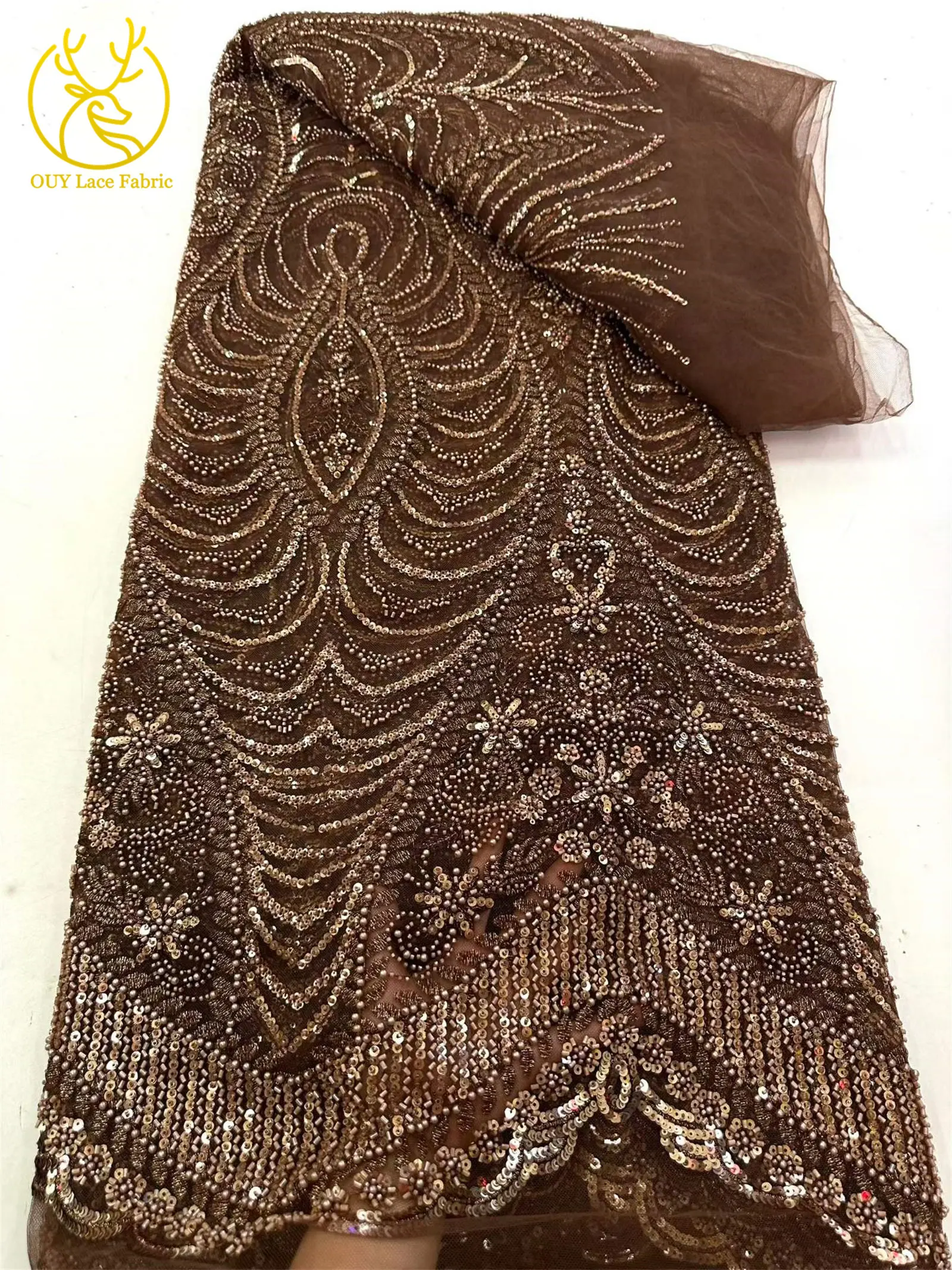 Luxuriöser goldener nigerianischer Mesh-Spitzenstoff mit Perlen und Pailletten, afrikanische französische Brautstickerei, Hochzeitsspitze für Damen, Partykleid, Nähen – Detail 14