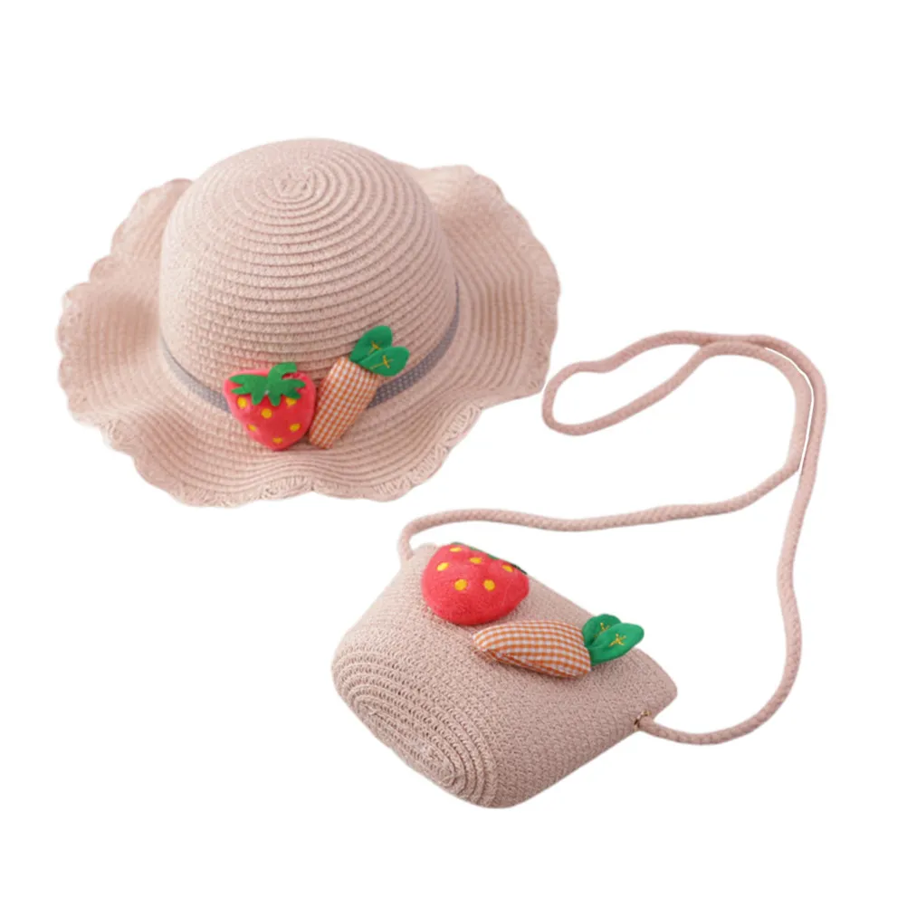 1Set Kids Straw Hat Princess Role Play Pink 54Cm Wide Brim Outdoor Sun Protection Beach Cap Summer Adorable Crossbody Bag