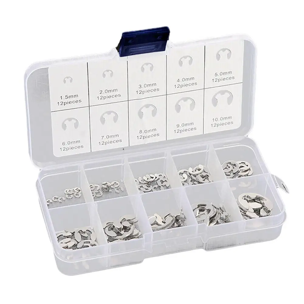 120pcs Open retainer E-clips Snap Retaining Circlip Kit Steel E Type Clip Washers 1.5/2/3/4/5/6/7/8/9/10mm