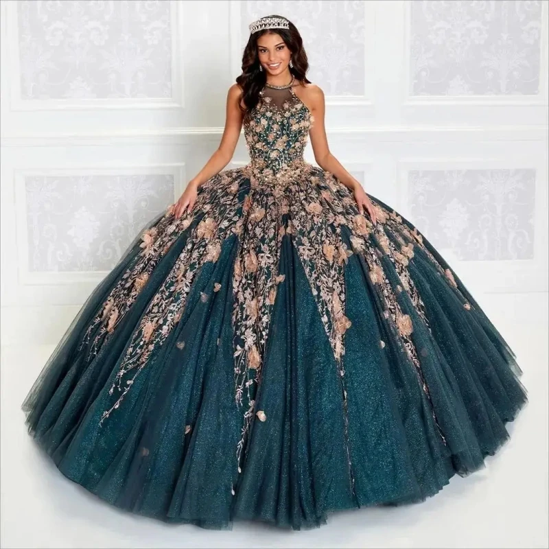 Vestidos De quinceañera con cuentas brillantes para mujer, cuello redondo, apliques, lentejuelas, capa, dulce 16, 15 Años