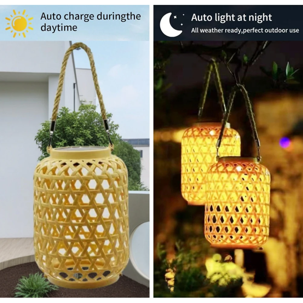 Zewnętrzna lampa wisząca z uchwytem IP55 Wodoodporna lampa solarna wisząca z naturalnego rattanu i bambusa Lampa wisząca w stylu retro zasilana energią słoneczną