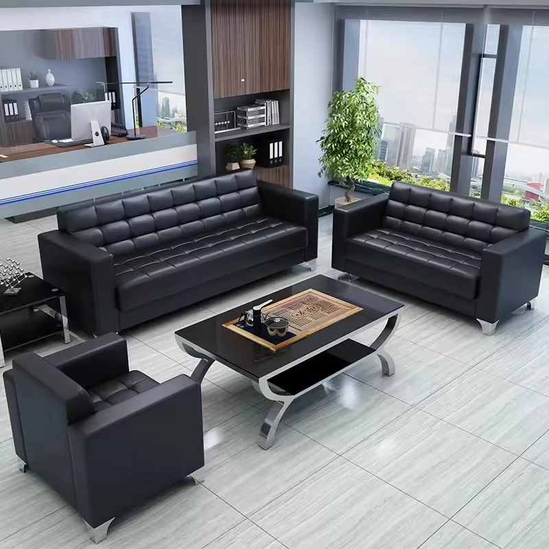 Modern Office Sofa Set with Leather Upholstery and Glass Top Coffee Table High Quality Reception Furniture for Business