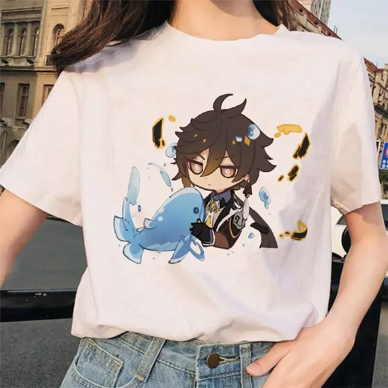 Genshin Impact T-shirt Women Zhong Li Morax Short Sleeve Tee Shirt Harajuku2024 Summer Cartoon Print O-Neck Streetwear Tops Y2k