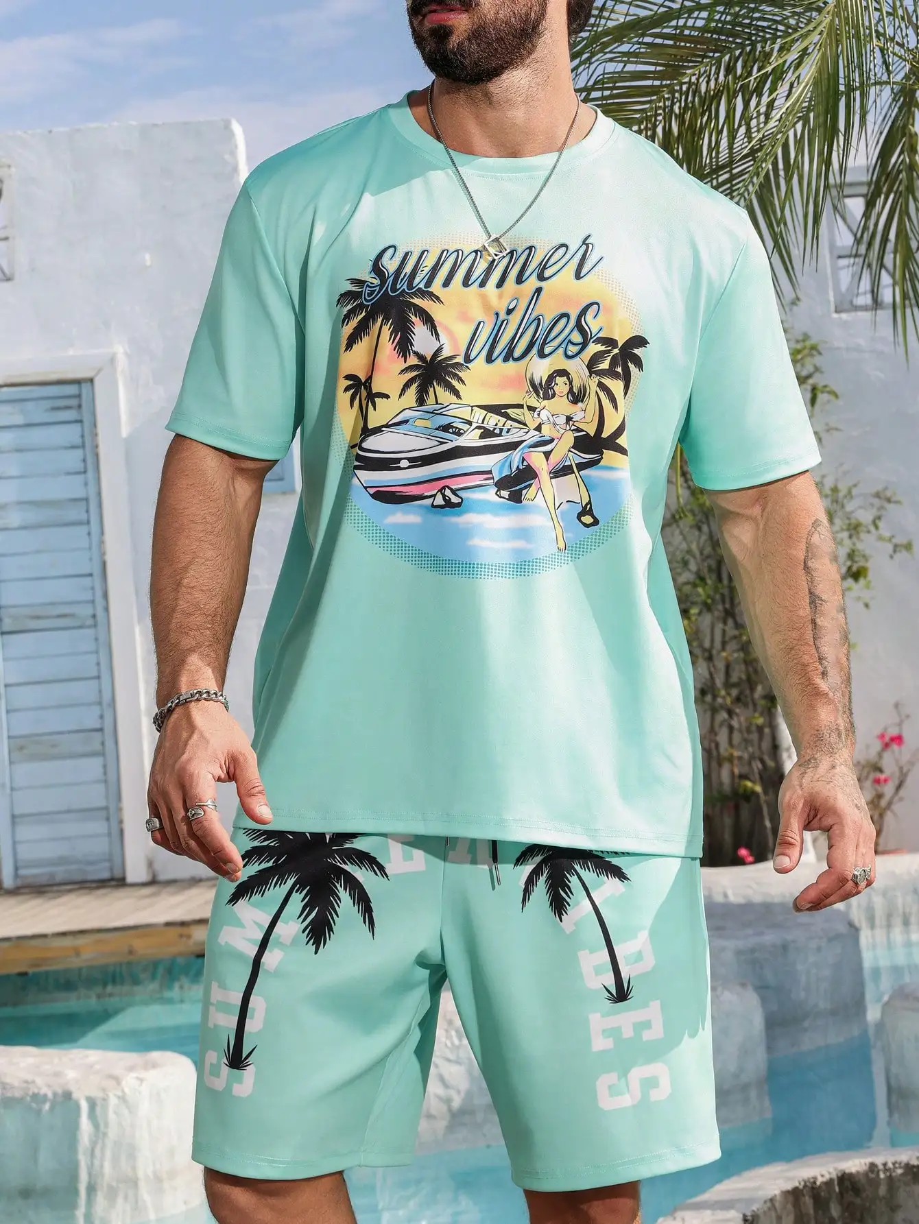 Traje de talla grande para hombre, camiseta informal de manga corta con cuello redondo y estampado de palmera y letras para vacaciones en la playa,