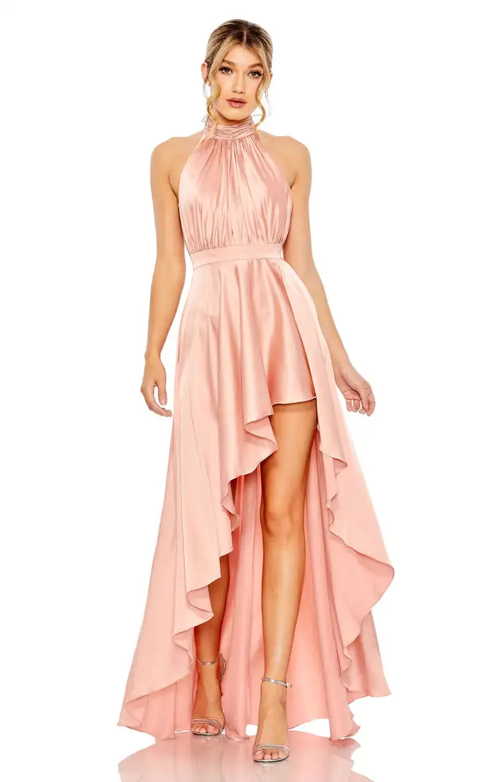 Aangepaste elegante charmeuse plooi sjerp a-lijn halter hi-lo jurken op maat gemaakte gelegenheidsjurken mode casual eenvoudig hoge kwaliteit