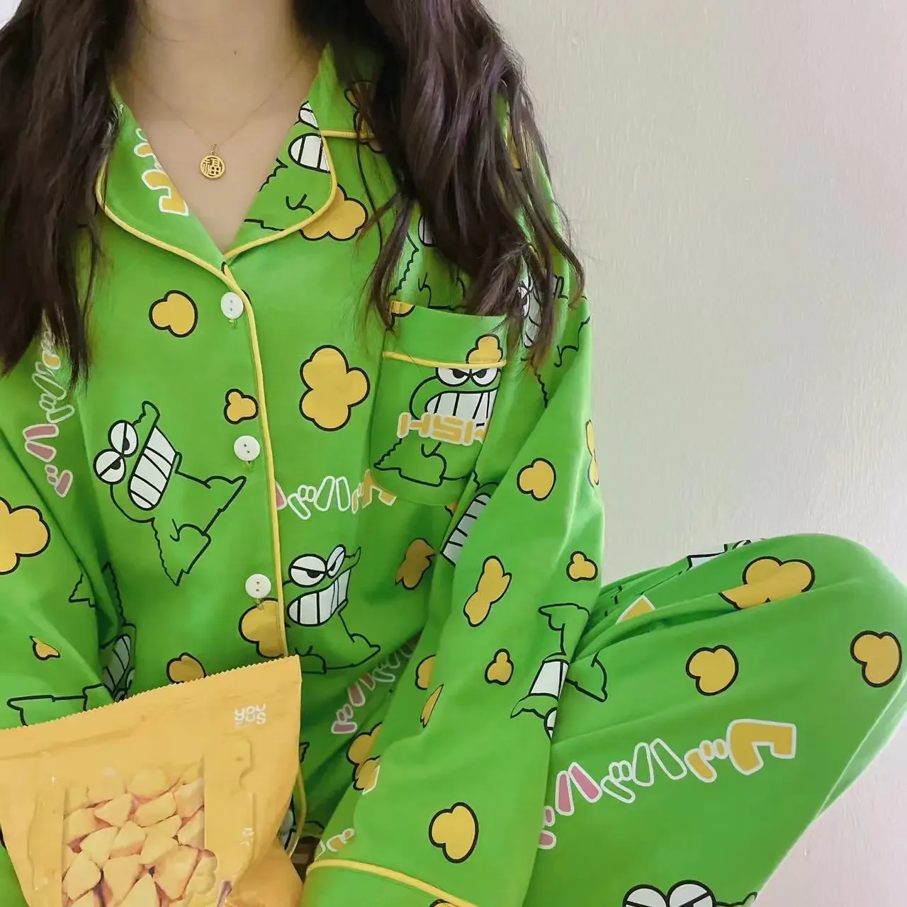 Long Sleeve Ladies Pajamas Comfortable Women Spring Autumn Pajama Sets Printed Green Sleepwear Pyjamas Young Girl Style Clothes