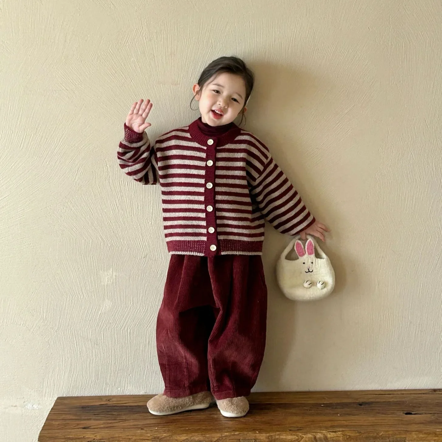 Girls Suit 2024 Winter New Childrens Wear Korean Style Baby Girl Striped Knitted Wool Cardigan Corduvet Pants Two-piece Set