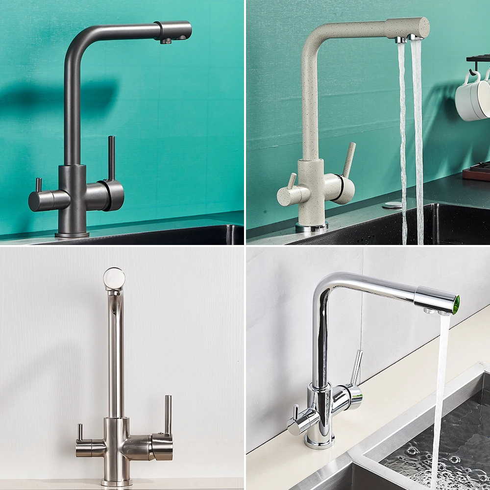 Chrome Purified Water Kitchen Faucet Pure Water Filter Deck Mounted Faucet Crane Dual Handles Hot Cold Water Mixer Taps