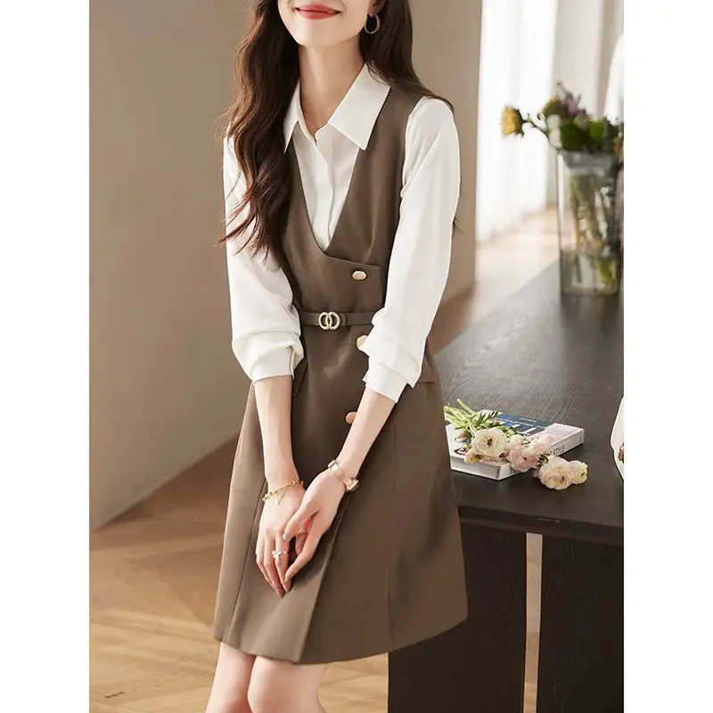 

Retro Women's 2024 Spring Autumn New Patchwork Polo Collar Button Pocket Fashion Solid Fake Two-piece Long Sleeved Dress Suit