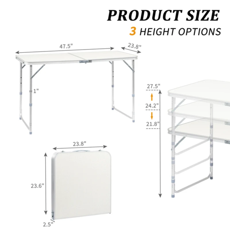 4-футовый белый портативный складной стол с регулируемой высотой, многоцелевой для кемпинга, пикников, вечеринок, дизайн алюминиевой и деревянной доски