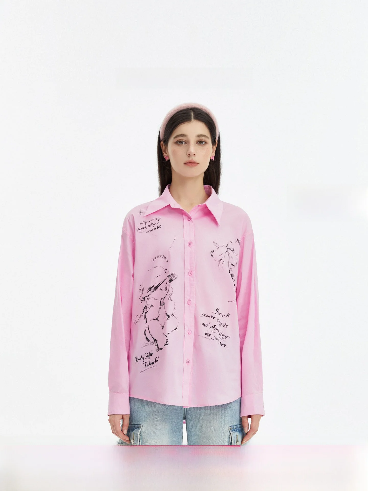 

Женская рубашка с милым принтом медведя, длинный рукав, удобная свободная модель, универсальная, из смесового хлопка, на пуговицах