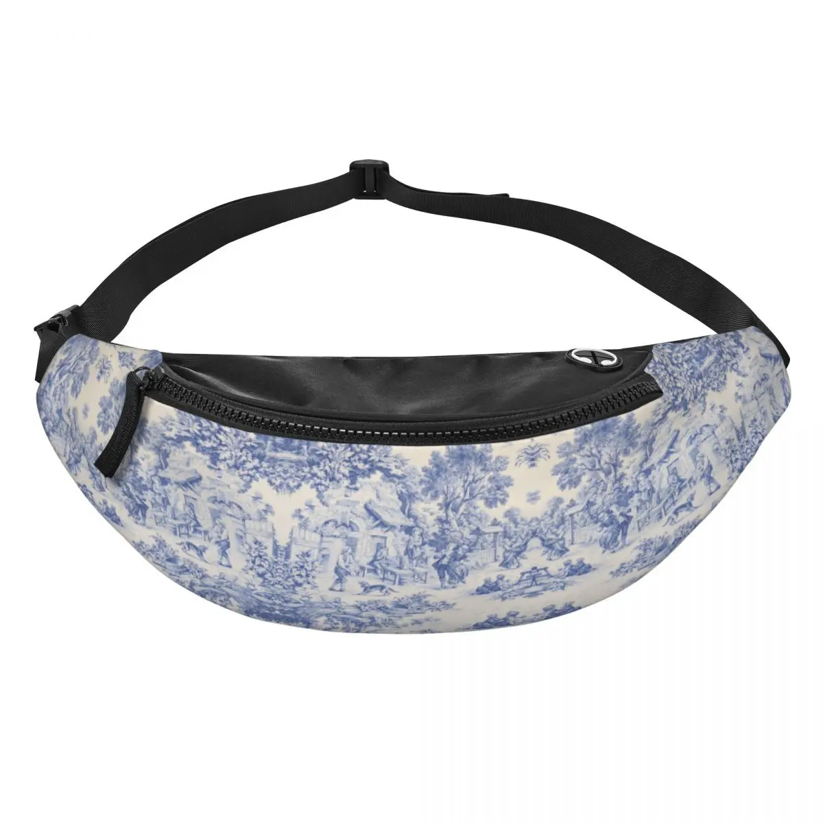 Casual Vintage Classic French Toile De Jouy Navy Blue Motif Pattern Fanny Pack Crossbody Waist Bag for Traveling Money Pouch