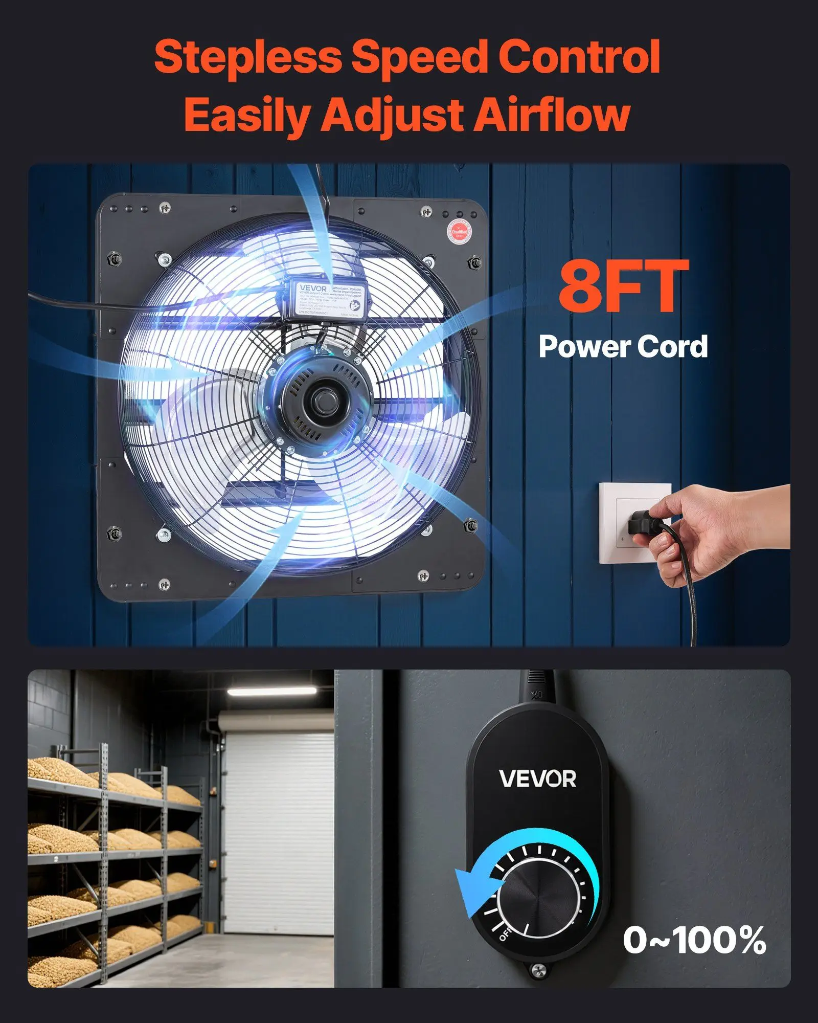 Exaustor de obturador de 14 polegadas 1400 CFM Ventilador de sótão montado na parede com controlador de velocidade variável de baixo ruído para ventilação de garagem de galpão