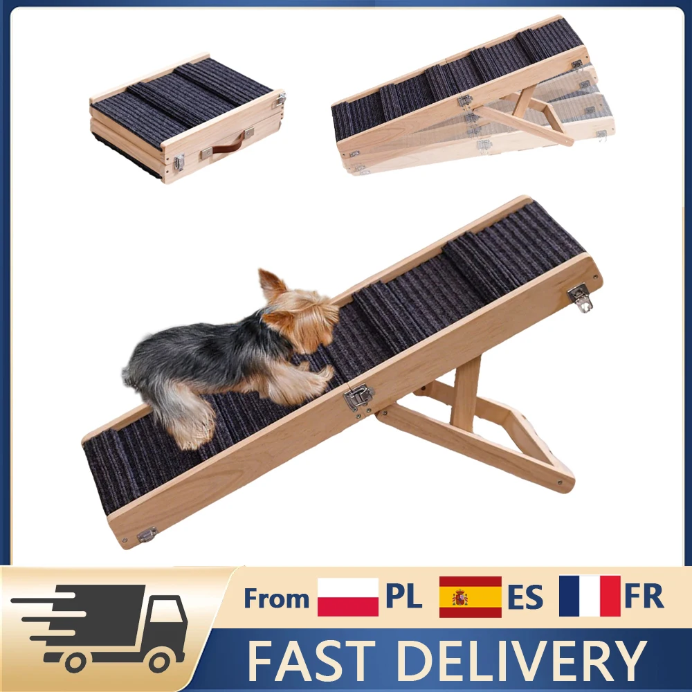 Rampe pliable en bois pour animaux de compagnie, chiens et chats de petite taille, 4 niveaux de hauteur réglable avec tapis antidérapant pour lit, canapé, voiture, fourgonnette, jusqu'à 50 livres