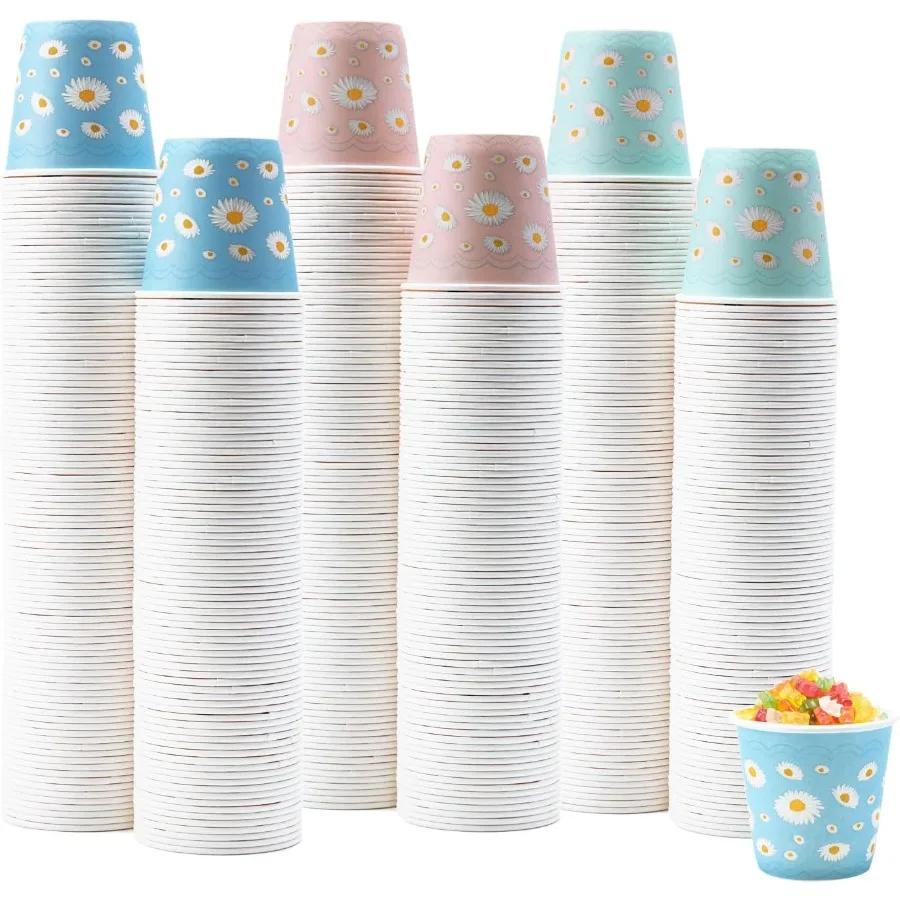 

600 упаковок бумажных стаканчиков на 3 унции. Маленькие стаканчики для ванной комнаты. Одноразовые стаканчики. Мини-бумажные стаканчики с дизайном ромашки в розовом и синем идеально подходят для рта.
