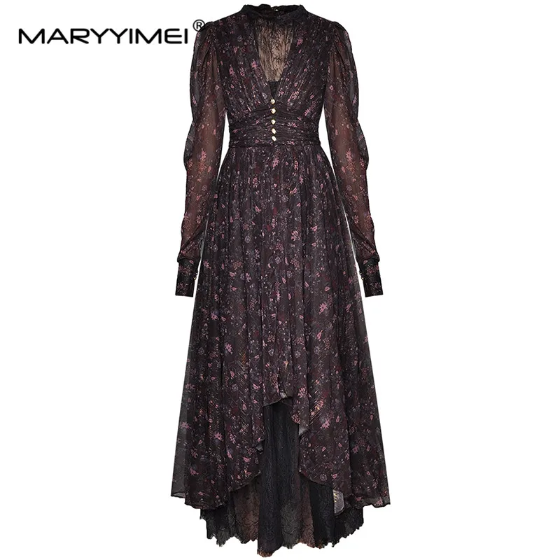 

MARYYIMEI Fashion Designer dress Spring Women's Dress Long sleeve Ruched Floral-Print Lace Asymmetrical Vacation Dresses