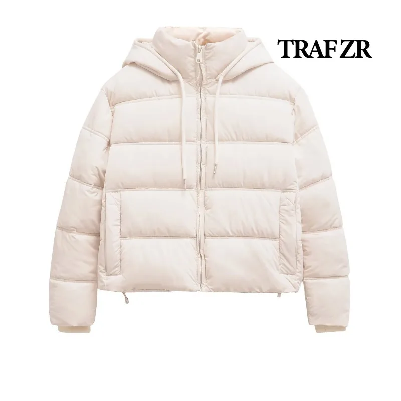 TRAF ZR Hooded Coat for Women Padded Coats Solid Cropped Snow Parka Elegant Luxury Women's Coat Warm Woman Winter Coats