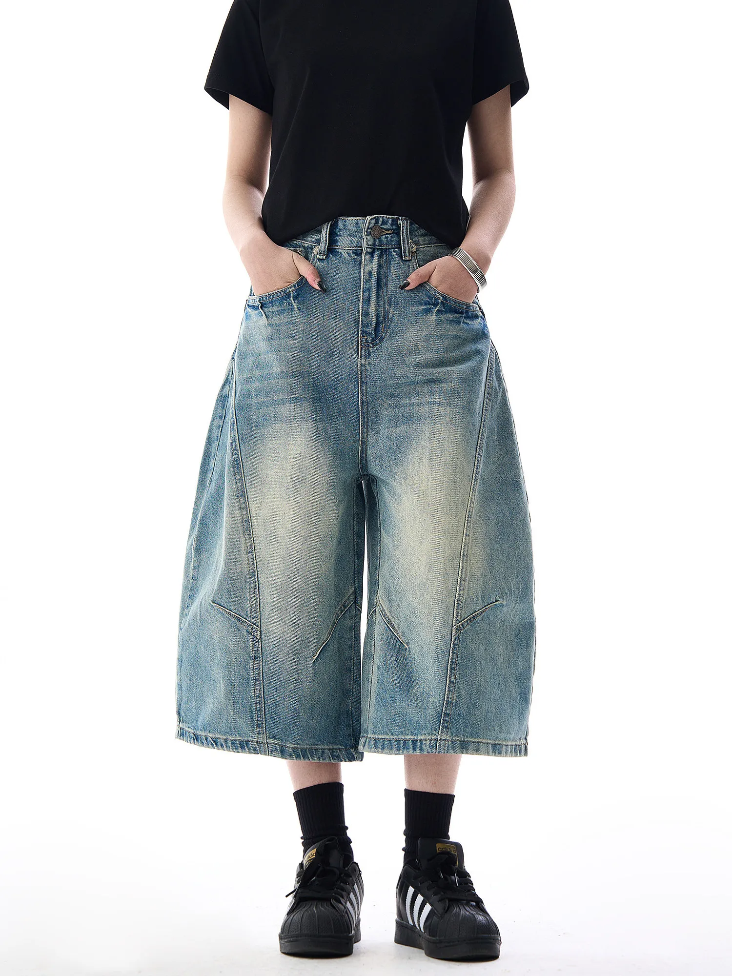 

Retro American Decosed ort Jeans Casual Summer Streetwear Faded Wide Leg Seven Parts Pants Cotton Polyester Blend