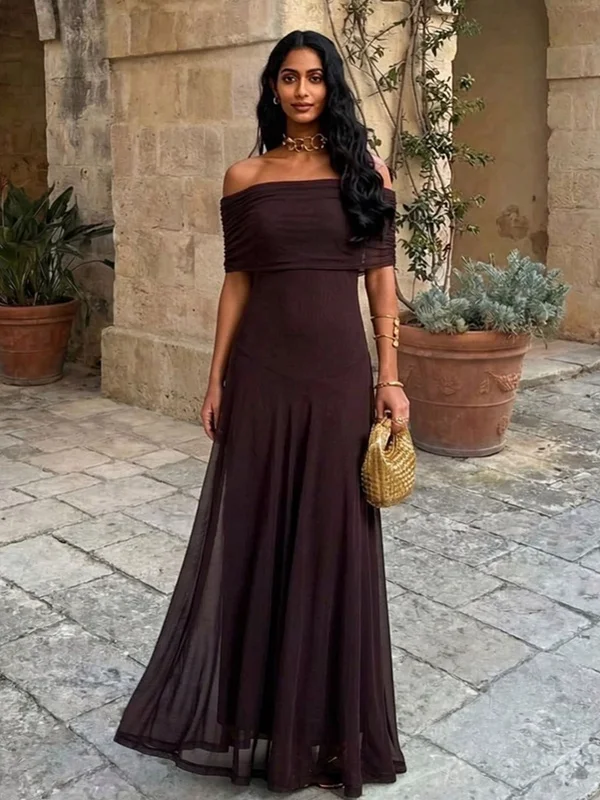 Women Mesh Maxi Dress Off Shoulder Fold Over Tube Top Ruched Waist Flowy A Line Floor Length Resort Wedding Guest  Evening Gown