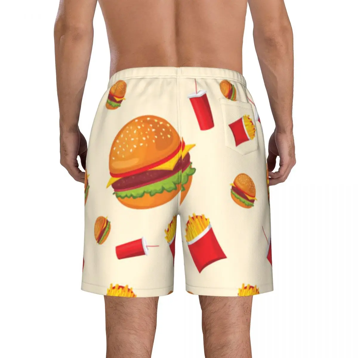 Bañador para hombre con patatas fritas, coca-cola y hamburguesa, ropa de playa