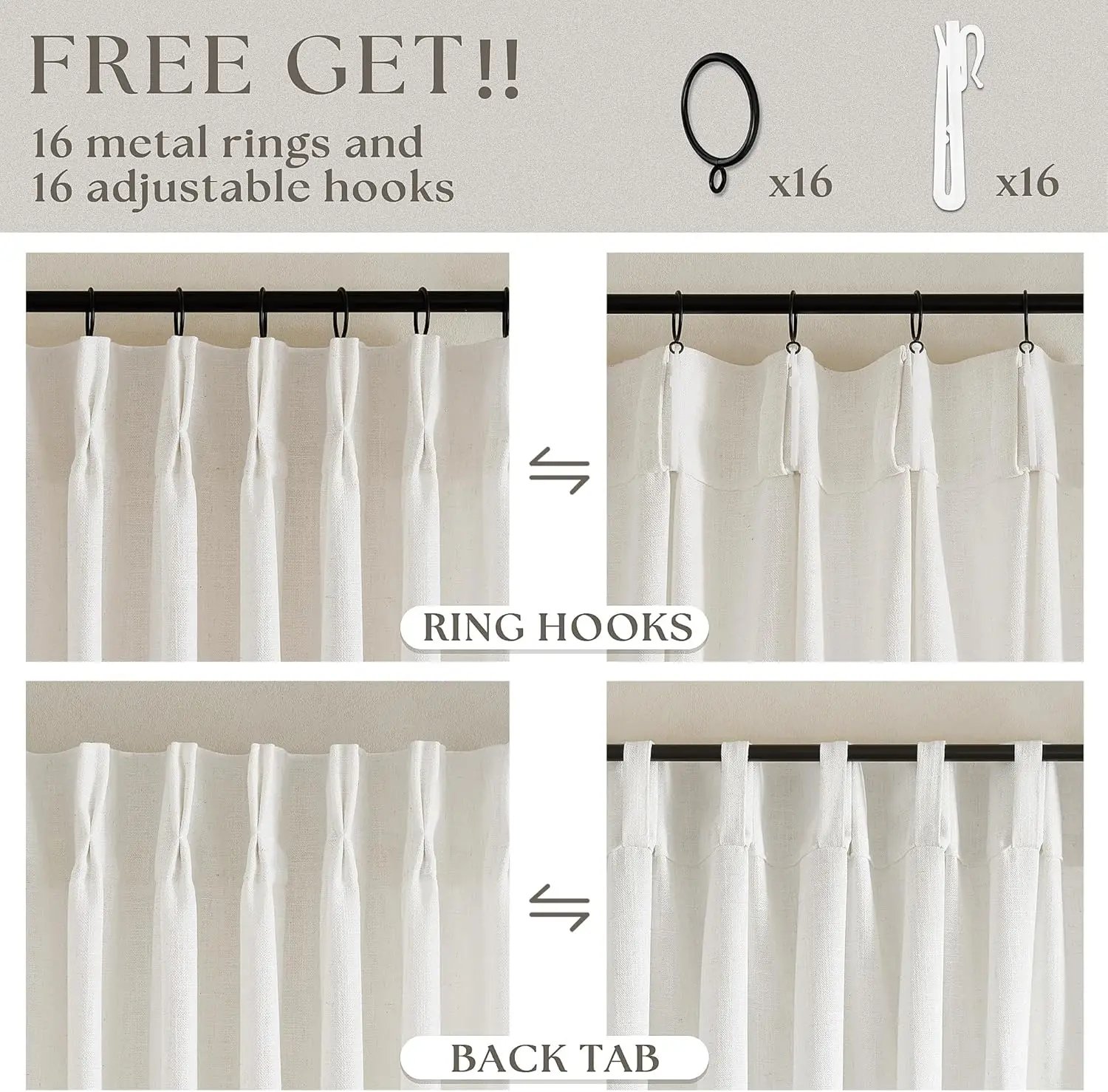 96인치 린넨 커튼, 핀치 플리츠, 빛 차단, 크림 아이보리, 거실 또는 침실용 2패널 세트