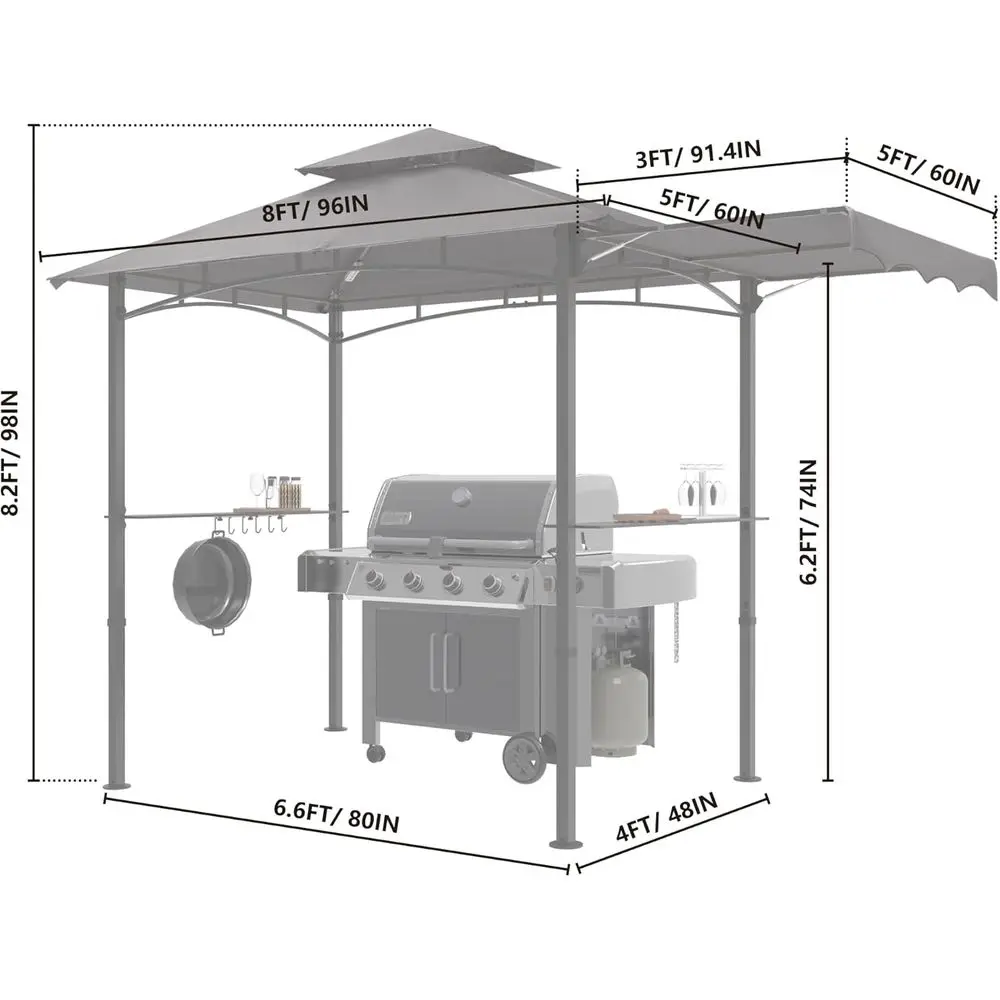 11x5 Outdoor BBQ Gazebo with Side Awning, 2 LED Lights, for Patio, Party, and Backyard Picnics (Gray)