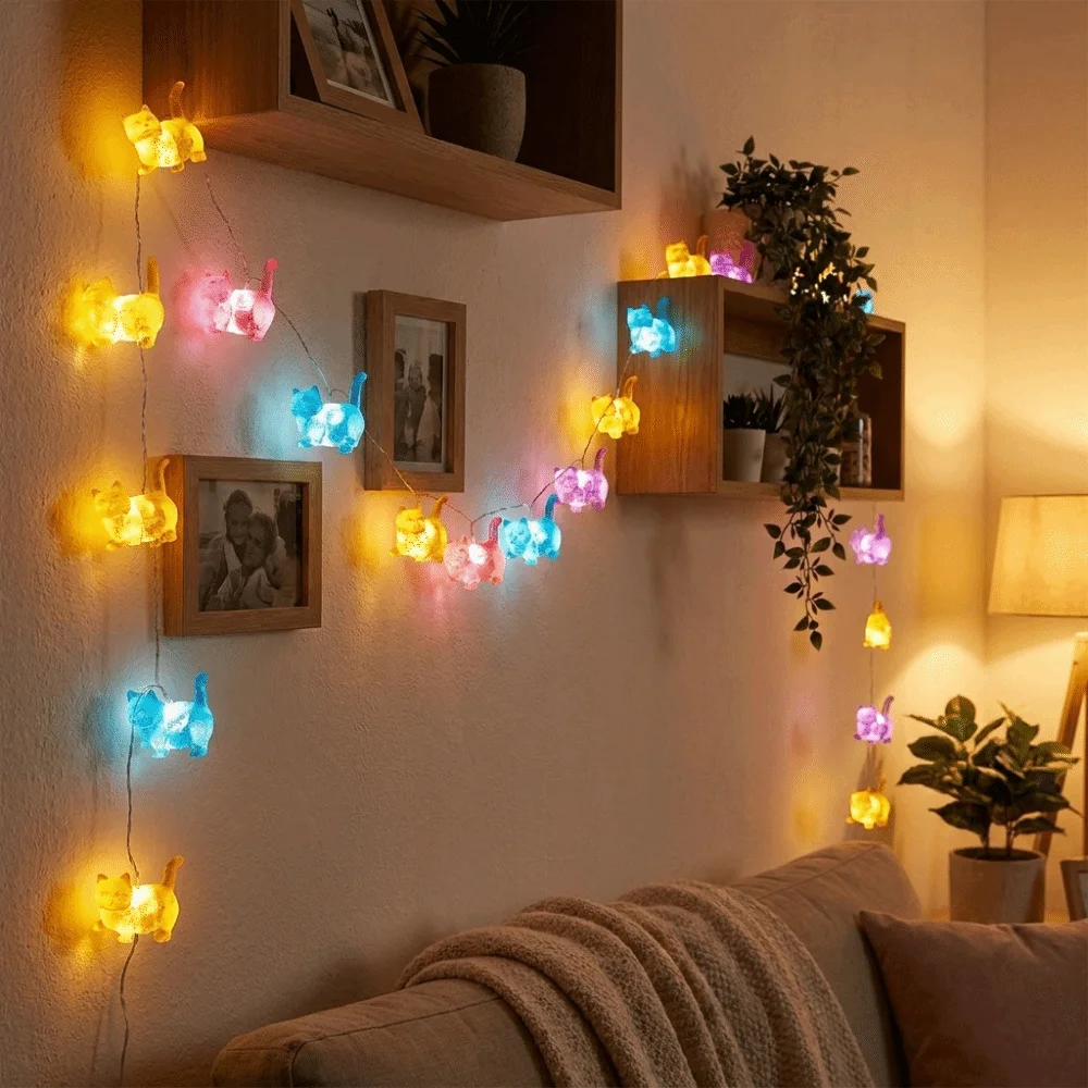 10/20pcs Lights Cat Shaped String Lights Cute Battery Operated Kitten Decorative Light Cartoon Christmas Tree Decorative Lights