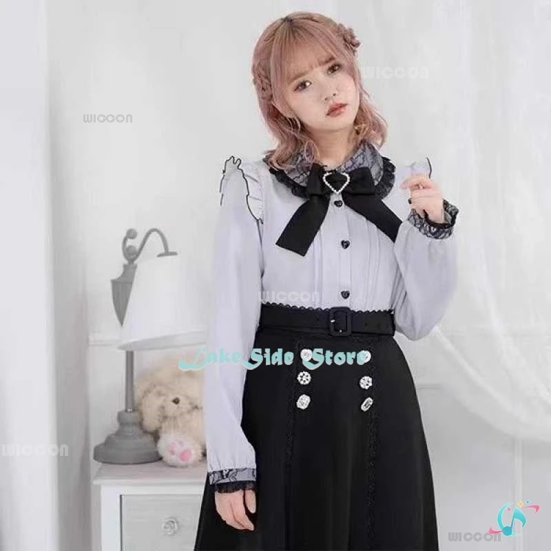 Long Sleeve Shirt Y2K Jirai kei Lolita Girls Top Women Kawii Bow Blouse Pink Black White BlouseCute Sweet Japanese Student Suit