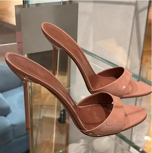 

Dark Pink Shiny Patent Leather Peep Toe Shallow Slip On Slide Slippers Women Fashion 6 8 10 CM Stiletto Heel Party Sandals Shoes