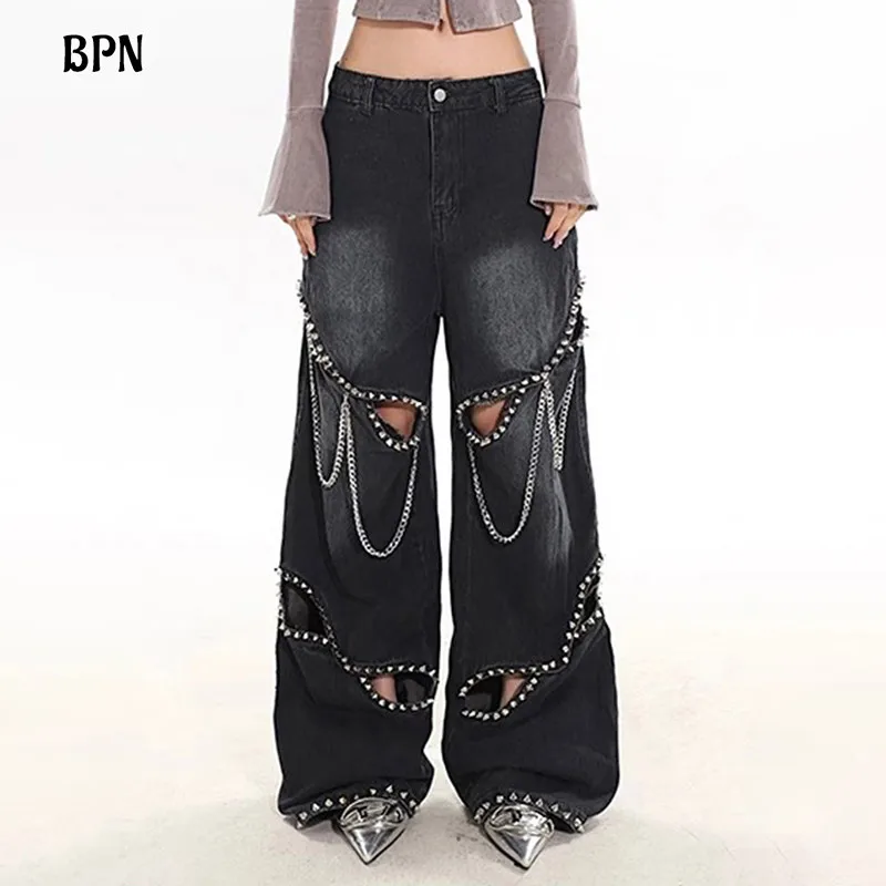 

BPN Y2k Streetwear Jeans For Women High Waist Hollow Out Solid Vintage Loose Wide Leg Denim Trousers Female Fashion Clothing New