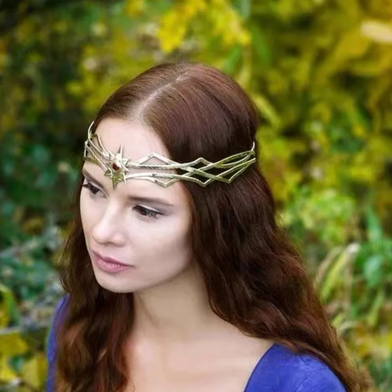 

European American Hobbit King Headpiece Gold-Designed Alloy Crown with Diamond Inlay Large Round Headband Cosplay Roleplay