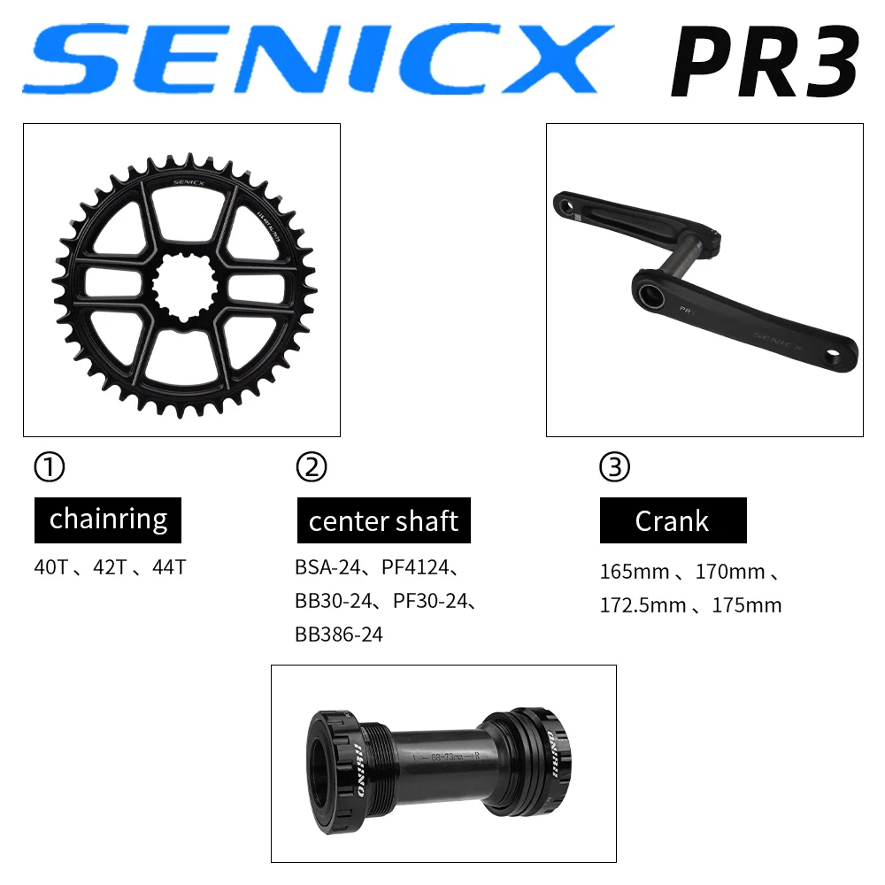 SENICX Crankset PR3 Road Cyclocros Crank 165/170/172.5/175mm Chainring 40/42/44T for Gravel Folding Bike 9/10/11/12 Speed  NEW