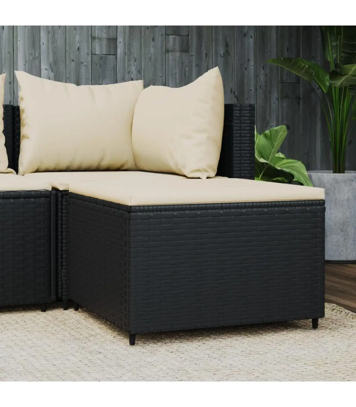 Black synthetic rattan cushion garden footrest outdoor Ottomans