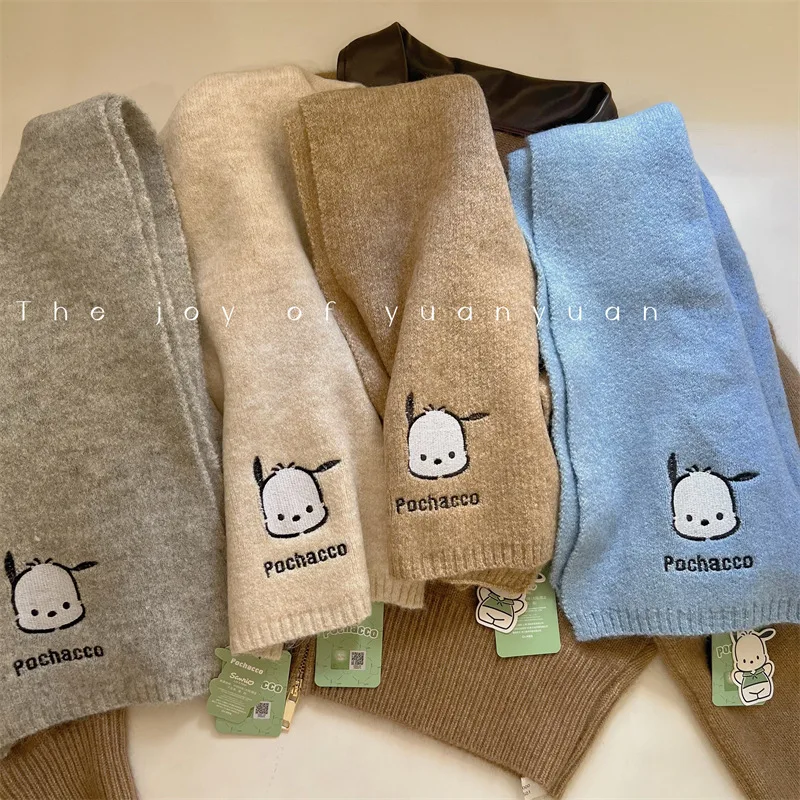 New Sanrio Scarf Hello Kitty Melody Kuromi Cinnamoroll Pochacco Winter Knit Solid Color Scarf Women  Neckerchief Contain Wool