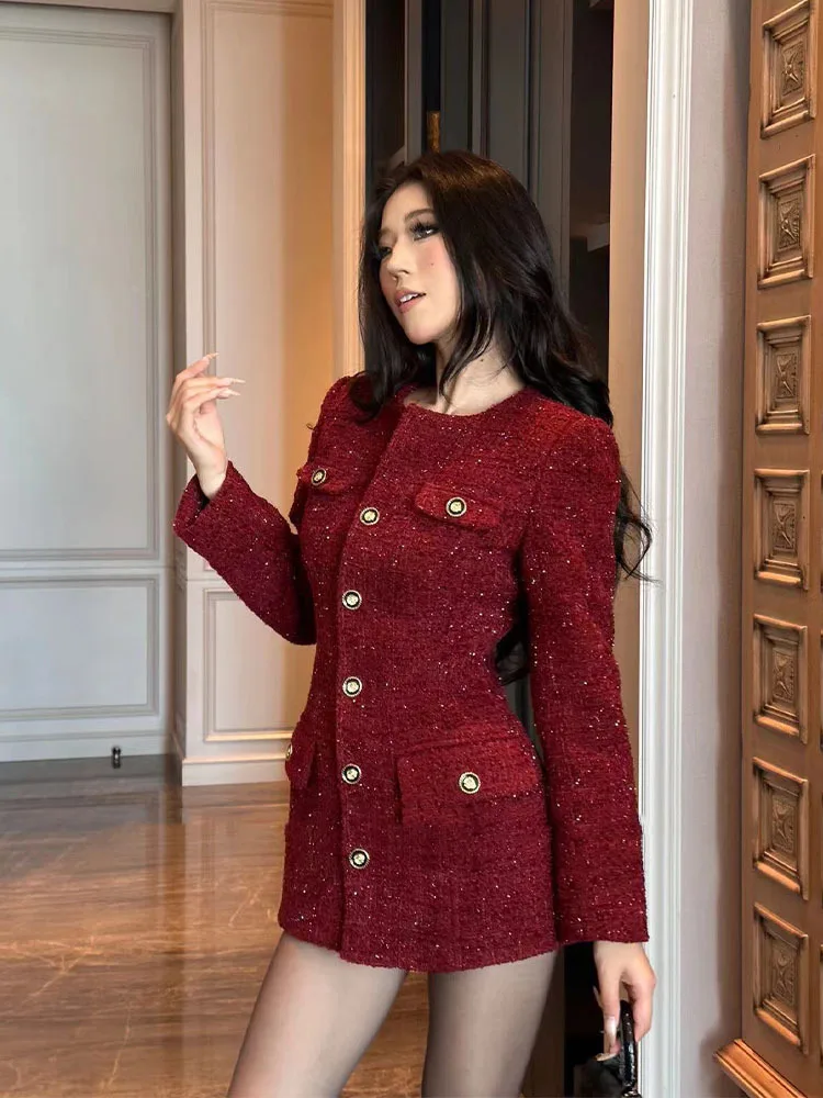 New 2025 Autumn Winter French Fashion High-end Retro Burgundy Dress Women's Long-sleeved Elegant OL Party Short Dress