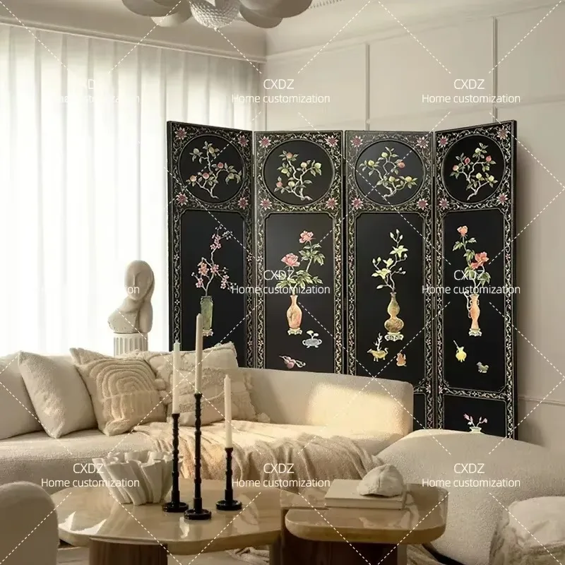 Moonwood Bird Chinese Antique Simple Living Room Screen Relief Hand Painted Entrance Black Folding Mobile Partition