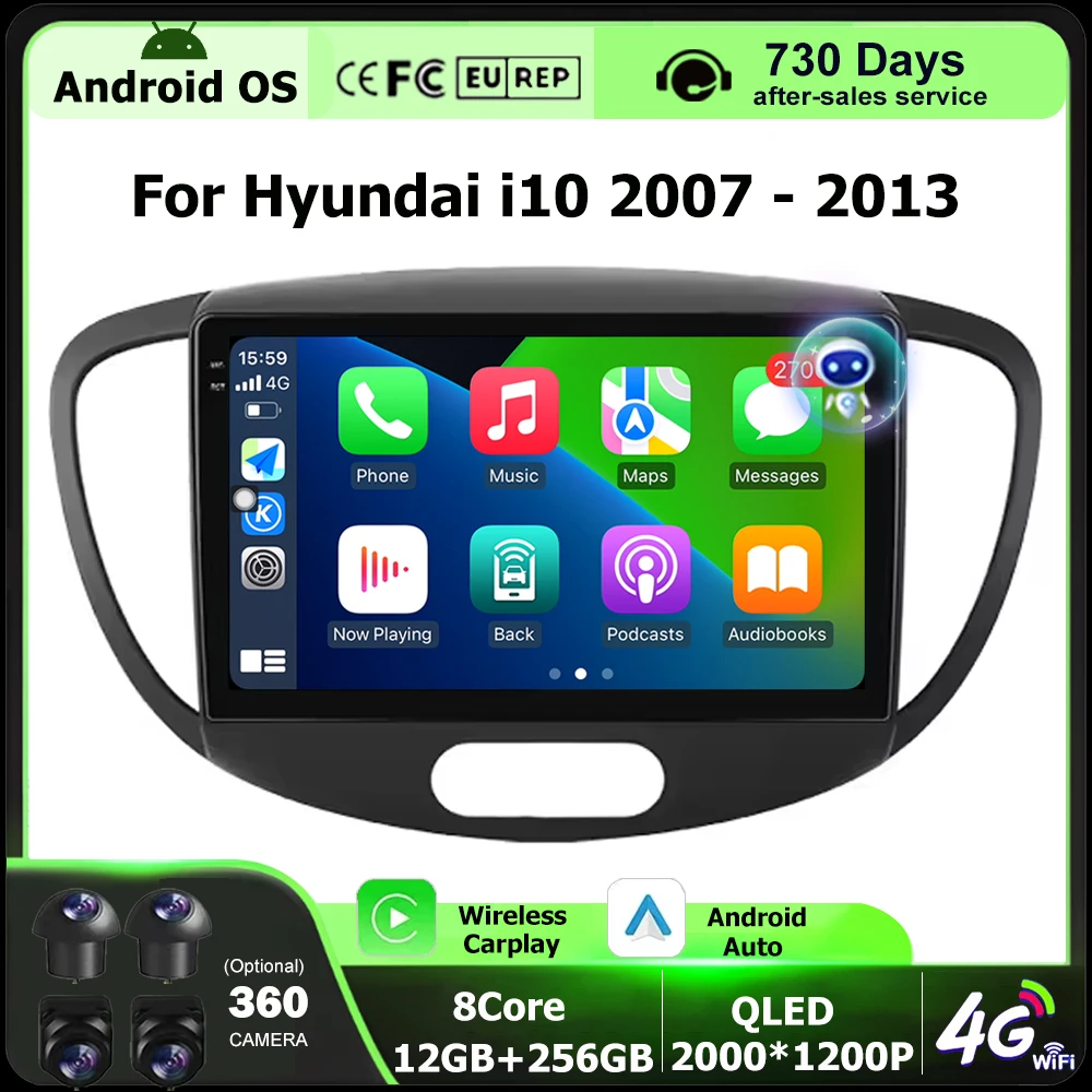 Car Radio Multimedia Video Player GPS Navigation For Hyundai i10 2007 2008 2009 2010-2013 Android 16 Auto Carplay 360 Camera BT