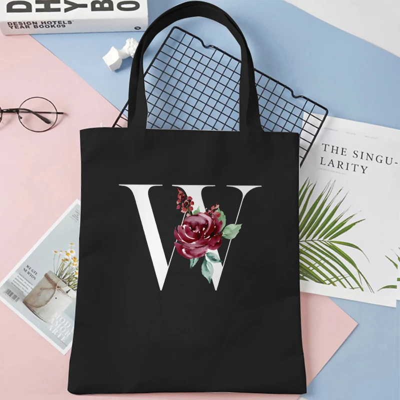 Canvas Bag for Women Rose 26 Alphabet A-Z Shopper Aesthetics Handbag Storage Reusable Black Shoulder Bag Floral Letter Tote Bag