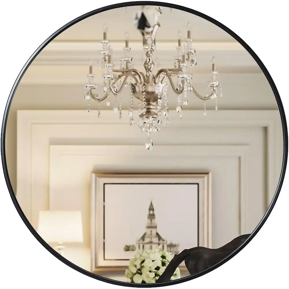 

28 Inch Black Circular Wall Mirror for Home Décor in Bathroom and Living Spaces